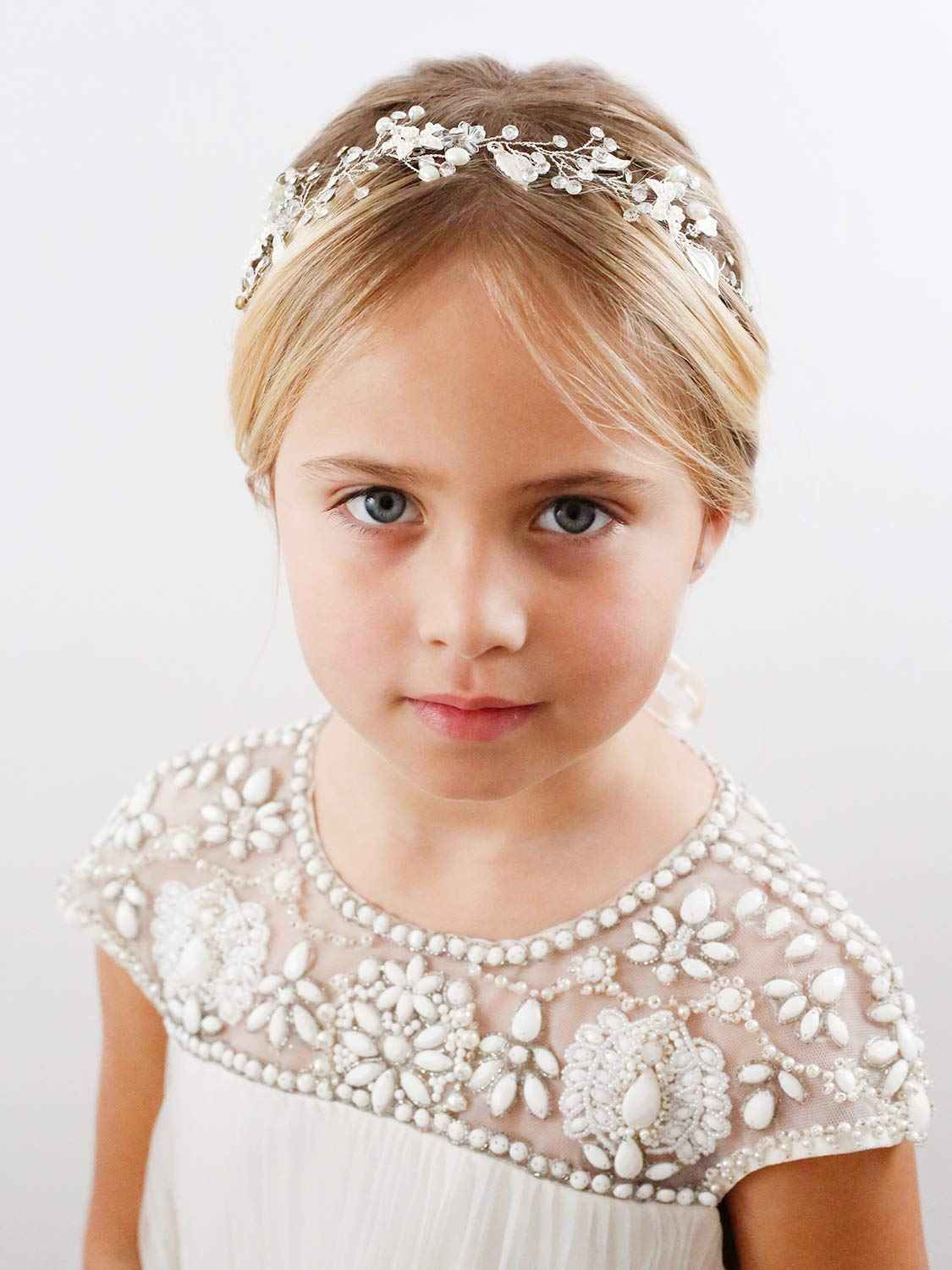 SWEETV 2pcs Sliver Flower Girl Headpiece Wedding Headband for Girls, Pearl Bridal Hair Accessories for Birthday Party, First Communion