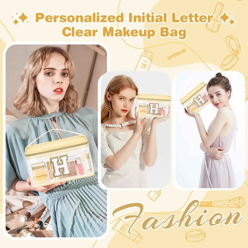 UIXIZQ Personalized Initial Letter Patch Clear Makeup Bag,Cute Preppy Chenille Letter Travel Cosmetic Bag with Handle,Nylon Toiletry Bag Handbag,Large Make up Storage Zipper Pouch for Women,H