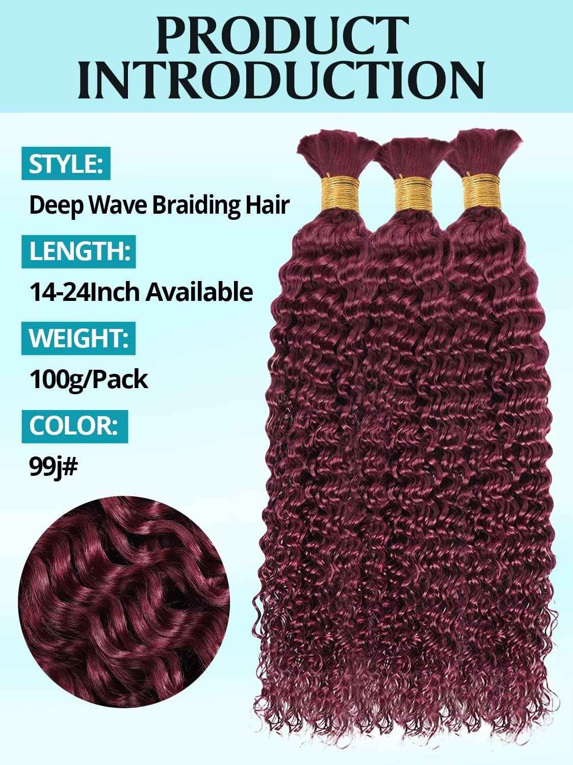 100g 3 Bundles/Pack Burgundy Human Braiding Hair for Boho Braids 14 Inch Curly Boho Hair for Braiding Knotless 12A Deep Wave Bulk Bohemian Color 99J