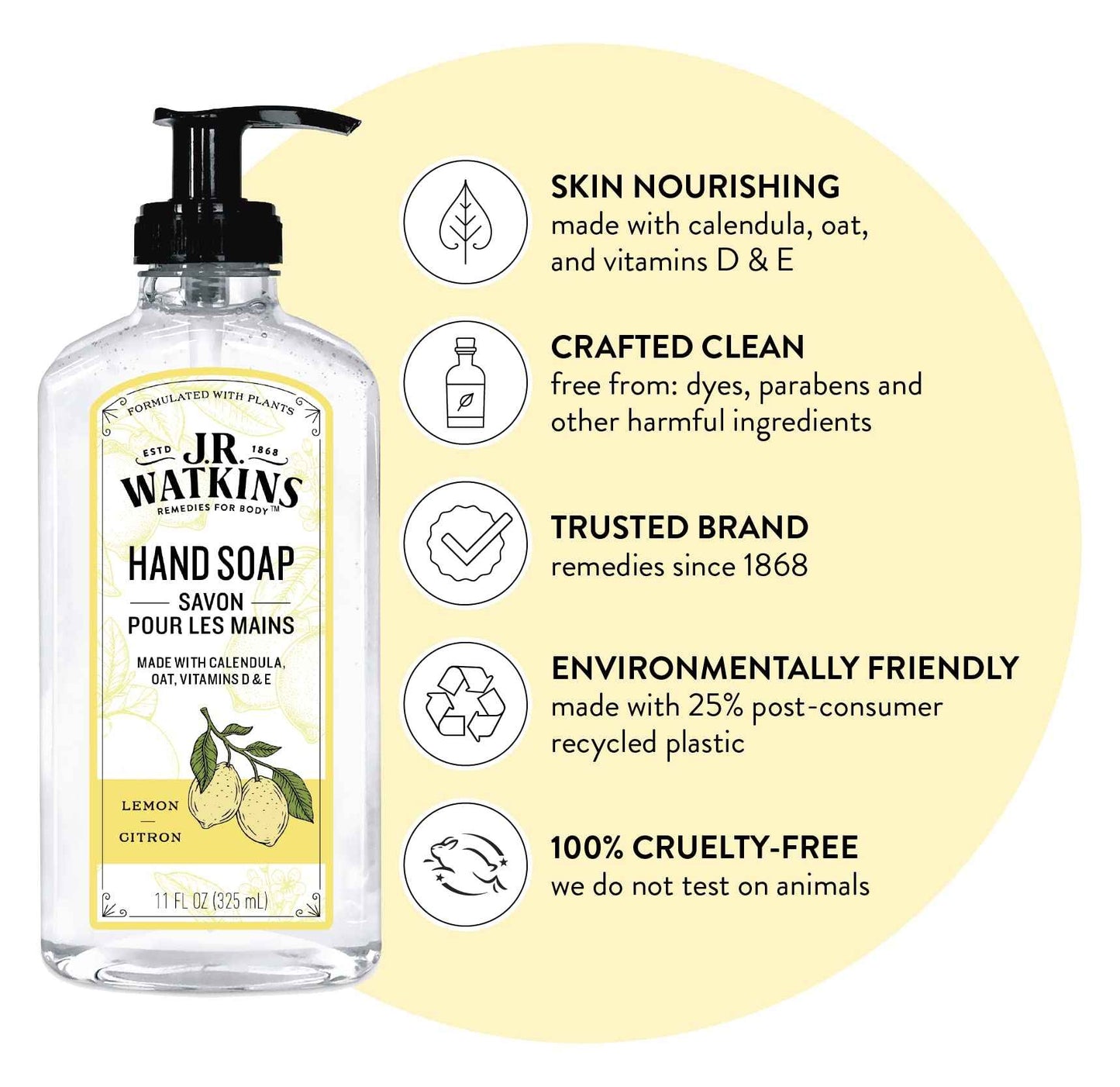 J.R. Watkins Gel Hand Soap, Scented Liquid Hand Wash for Bathroom or Kitchen, USA Made and Cruelty Free, 11 fl oz, Lemon, 6 Pack