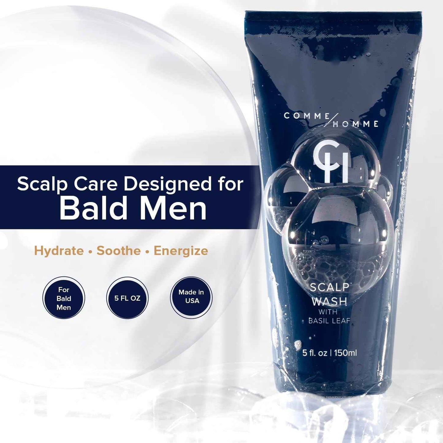 Comme Homme Hydrating Scalp Wash for Bald Men | Daily Face & Scalp Cleanser with Aloe, Basil, Tea Tree & Caffeine | Gently Cleanses, Soothes & Energizes | Pack of 2 (5 fl oz Each)