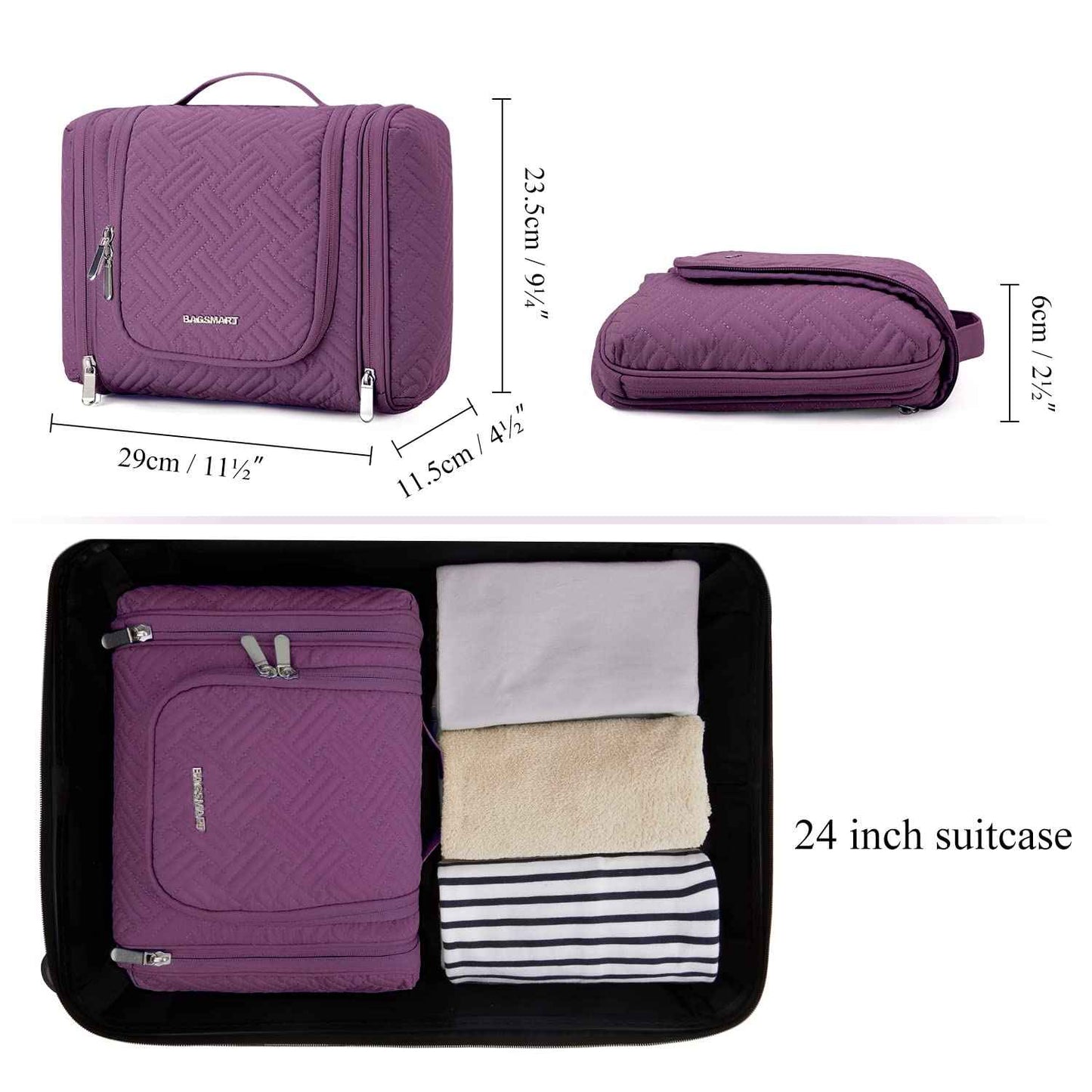 BAGSMART Atlas Travel Toiletry Bag for Women, Hanging Toiletry Bag with Hook, Travel Cosmetic Makeup Bag Travel Organizer for Accessories, Shampoo, Full Sized Container, Toiletries,Purple-Medium