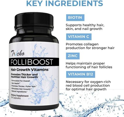 Folliboost Tricho Hair Growth Vitamins - Biotin, Vitamin C, Zinc & Vitamin B12 - Hair Care Capsules for Thicker, Fuller & Healthier Hair - 1 Pack