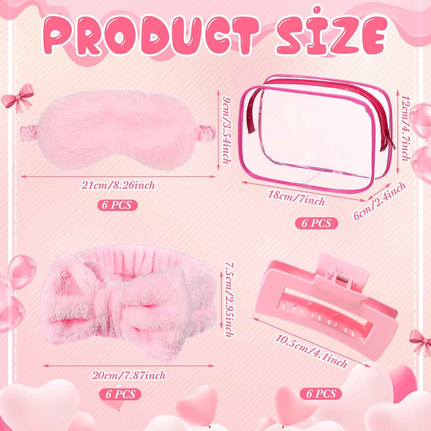 Hoteam 24 Pcs Sleepover Spa Party Favors Supplies 6 Spa Headband 6 Plush Sleep Eye Mask 6 Hair Claw Clips 6 Clear Cosmetic Bags for Slumber Party Christmas Gift(Pink)