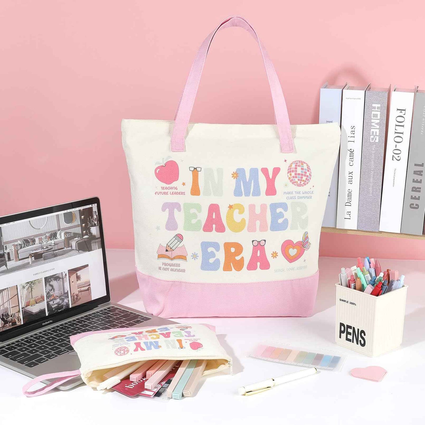 Aileam 2 Pcs Teacher Appreciation Gift Set Canvas Tote Bag Makeup Bag Thank You Teacher Gift Graduation Christmas Reusable Beach Shopping Pink