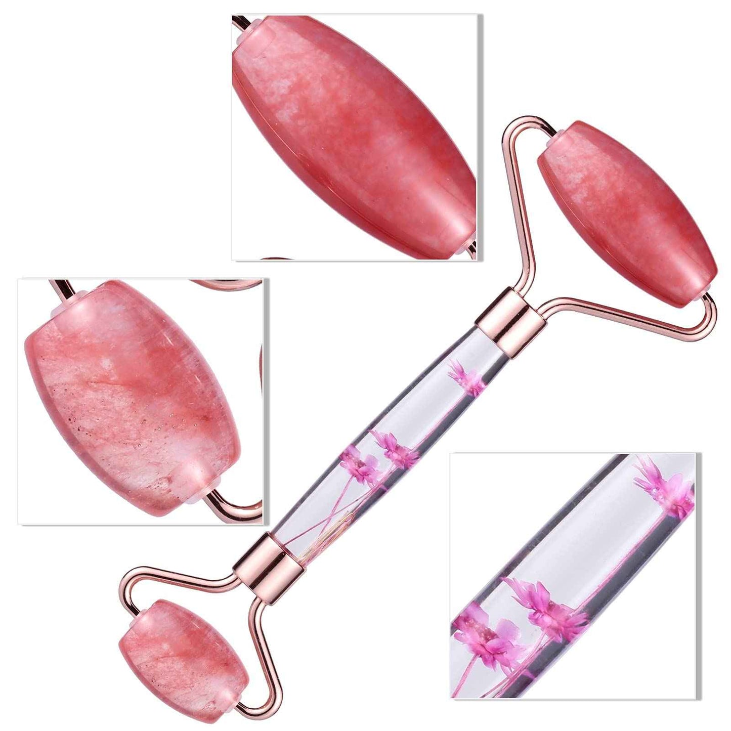 Amogeeli Cherry Quartz Stone Roller for Face, Beauty Massage Facial Roller for Wrinkles, Puffiness