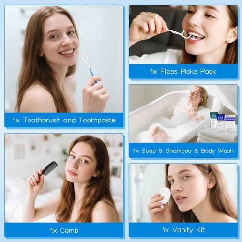 Toiletry Kits Travel Essentials Disposable Hygiene in Bulk, Trial Size Toiletries Supplies Individually Wrapped Traveling Personal Care Items, for Camping, Hotel, Homeless, Charity, 8-in-1 (20-Pack)