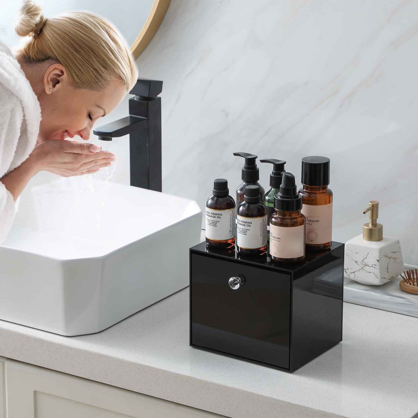 LANDNEOO Disposable Face Towel Container Box Compatible with Clean Skin Club Clean Towel XL, AcrylicTowel Storage Bin with Drawer, Makeup Organizer stackable holder, Ideal for Vanity, Bathroom, Black