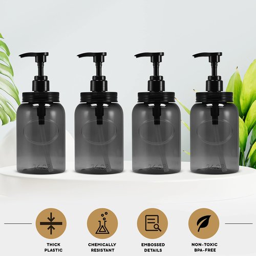 Bottiful Home-24 oz Plastic Refillable Wide-Mouth Jar Style Pump Bottle Dispenser Set of 4 for Thick Liquids (Gray)