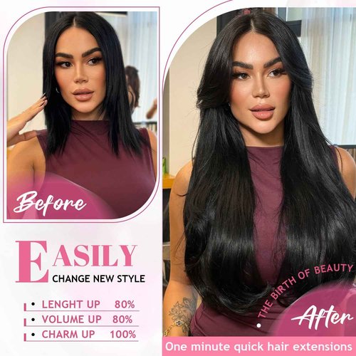 CWRDK Clip in Hair Extensions Real Human Hair, 100% Brazilian Remy Human Hair Clip ins for Women, Straight Seamless Double Weft Hair Extensions, Invisible 8pcs, 16 Inch 90g, #1B Natural Black