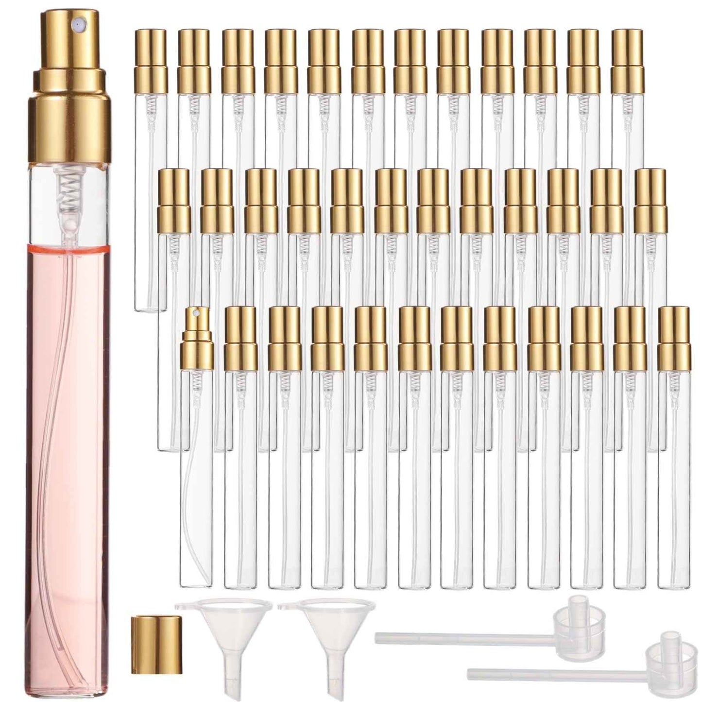 Lnrueg 50 Pcs 10 ml Perfume Bottles - Refillable Glass Mini Spray Bottles, Portable Travel Sample Containers, Fine Mist Atomizers with Caps, Includes 2 Funnels and 2 Dispensers, Ideal for Liquids