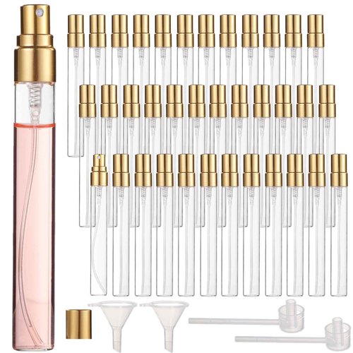 Lnrueg 50 Pcs 10 ml Perfume Bottles - Refillable Glass Mini Spray Bottles, Portable Travel Sample Containers, Fine Mist Atomizers with Caps, Includes 2 Funnels and 2 Dispensers, Ideal for Liquids
