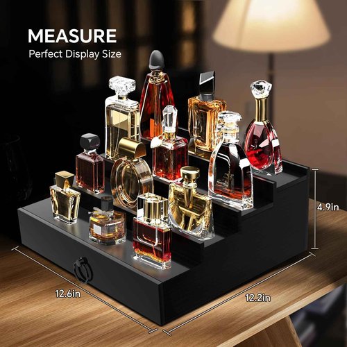 KISENG Cologne Organizer for Men, 4 Tier Cologne Stand with Drawer, Perfume Holder with Hidden Compartment, Fragrance Stand Shelf A Great Gift for Man, Black