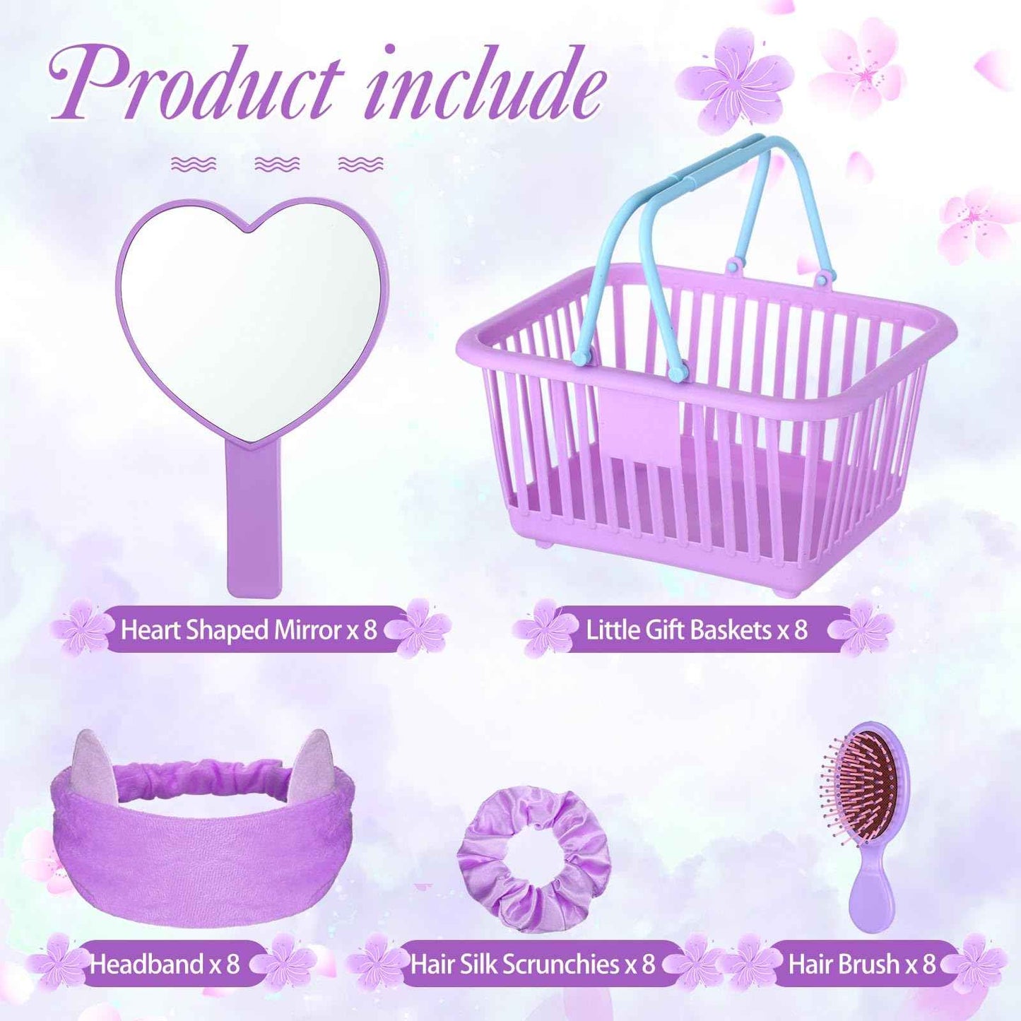 SiliFine 32 Pcs Spa Party Supplies Sleepover Party Favors with 8 Lovely Basket 8 Heart Shaped Mirror 8 Headbands 8 Satin Hair Scrunchies 8 Hair Brush for Spa Birthday Party Gift(Purple)