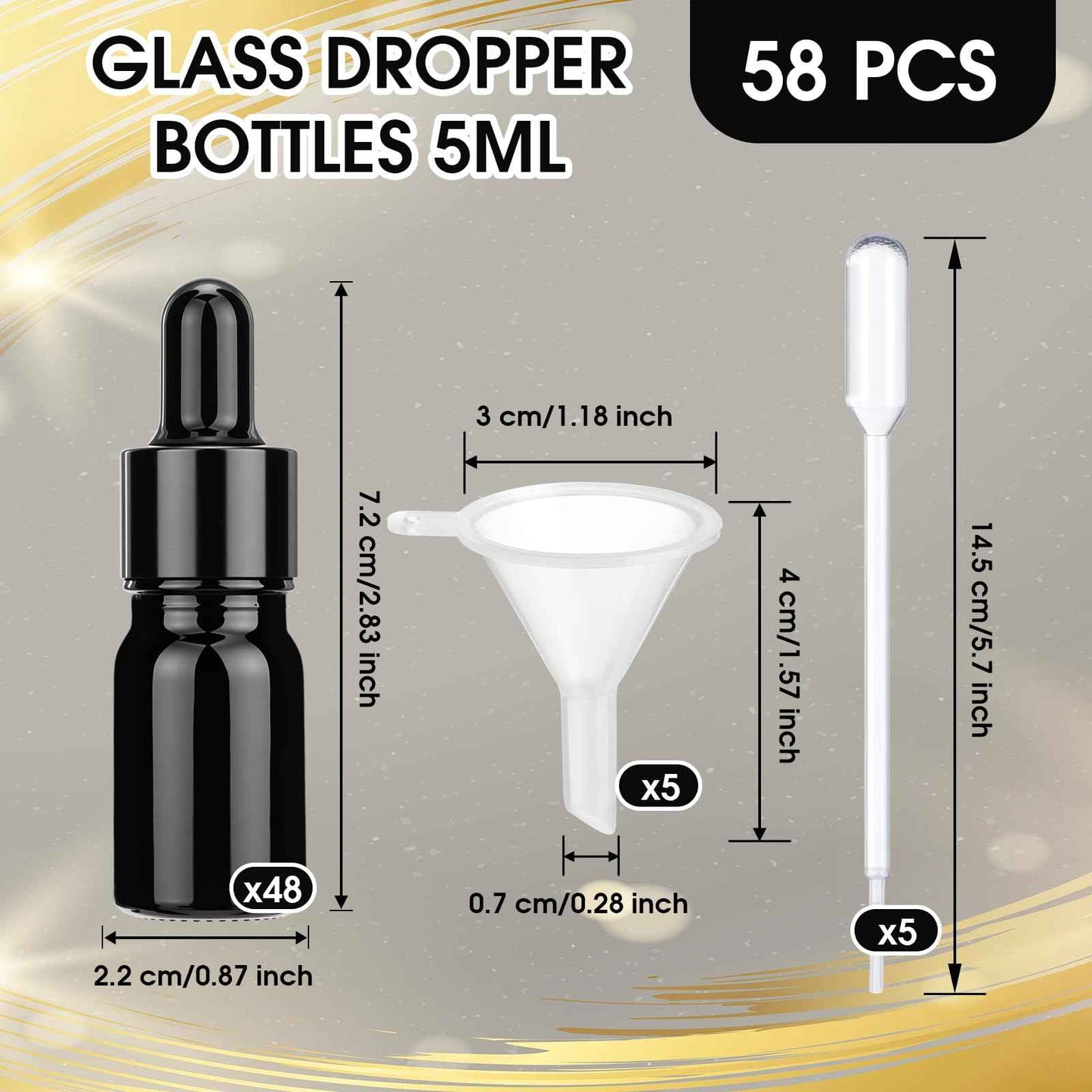 Patelai 48 Pcs 5 ml/ 0.2 oz Frosted Glass Dropper Bottles Essential Oil Bottles with Eye Dropper and Bamboo Lids Perfume Sample Essence Liquid Cosmetic Containers and Funnels (Black)