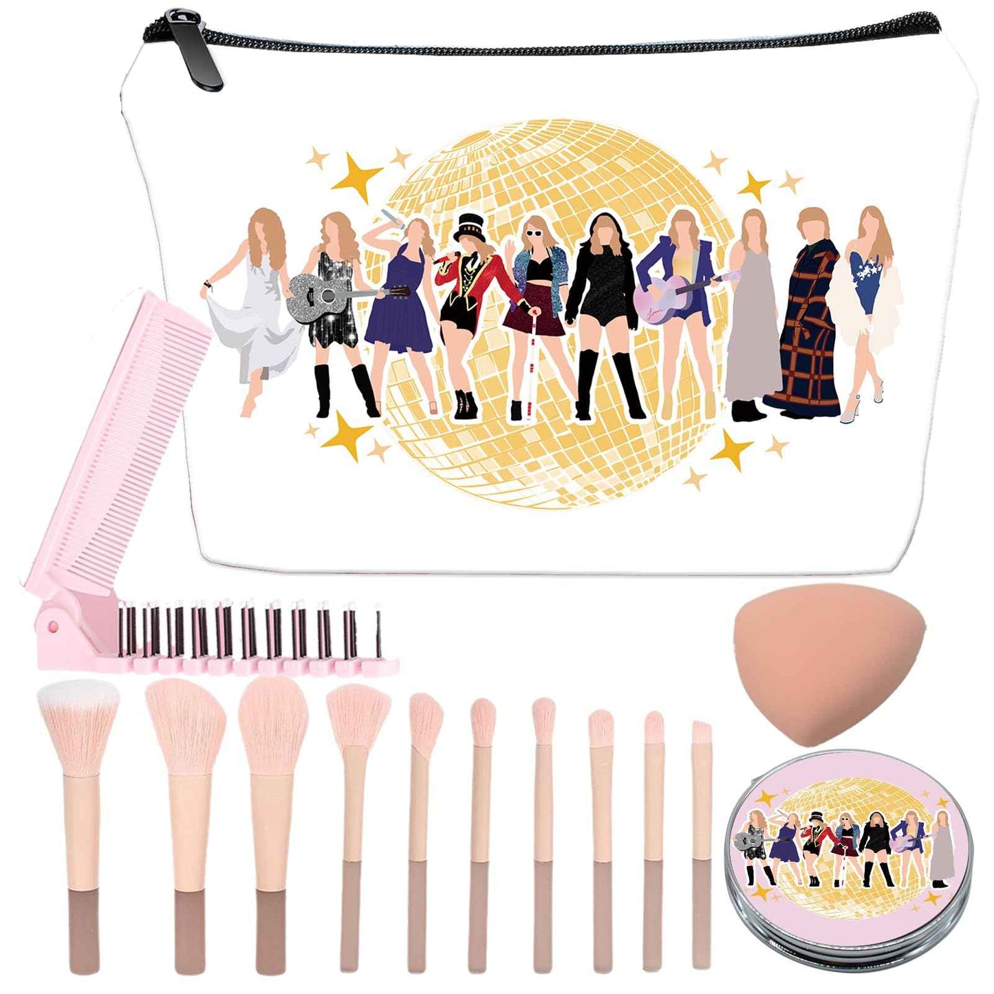 JIEXAGEZOS Personalized Pop Singer Makeup Bag with Mirror for Music Lover Fans,Bride Bridesmaid Cosmetic bag with10 pieces pink brush set,Singer Gifts for Women Mom Friends