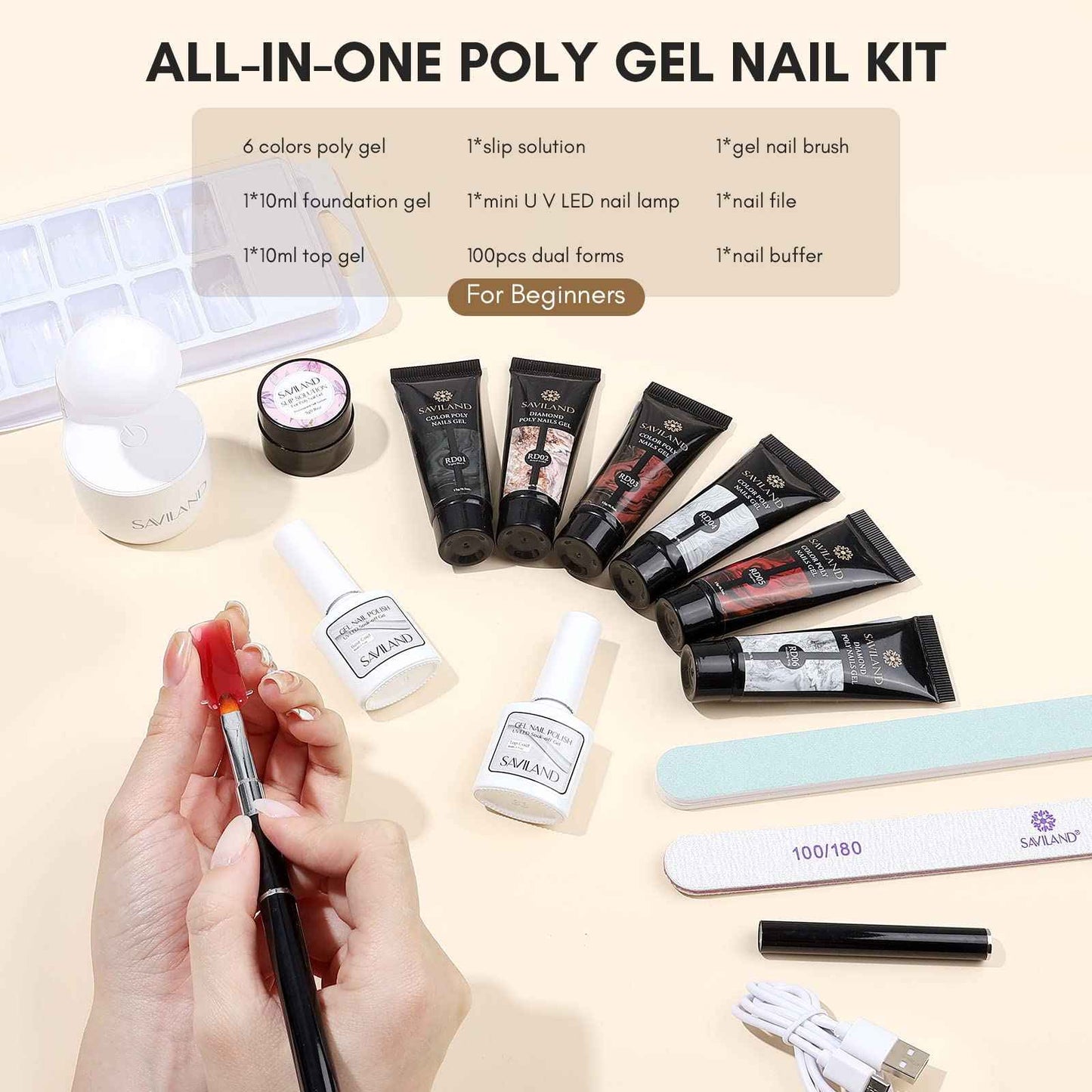 SAVILAND Poly Gel Nail Kit Starter: with 6 Colors Nail Extension Kit with U V Light Glitter Colors Rose Red Poly Gel for Beginner with Everything DIY Gift