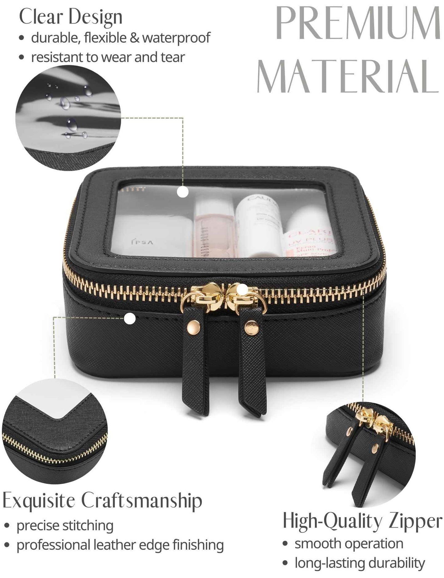 Mini Clear Black Makeup Bag - Cute Square Cosmetic Pouch for Travel with Zipper - For Women & Girls