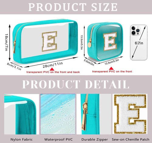 2pcs Personalized Initial Letter Clear Makeup Bag | Waterproof Nylon Preppy Cosmetic Bag | Travel Toiletry Bag | Monogrammed Gifts for Women Girl | Wedding Bridal Shower Gifts for Bridesmaids(Blue E)