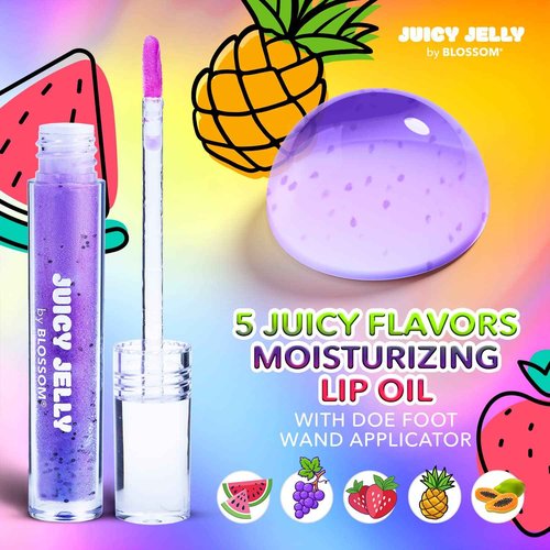 Blossom Juicy Jelly Moisturizing Lip Care Fruit Flavored Nourishing Lip Oil with Doe Foot Wand Applicator, 0.45fl oz, 5 Pack Bundle