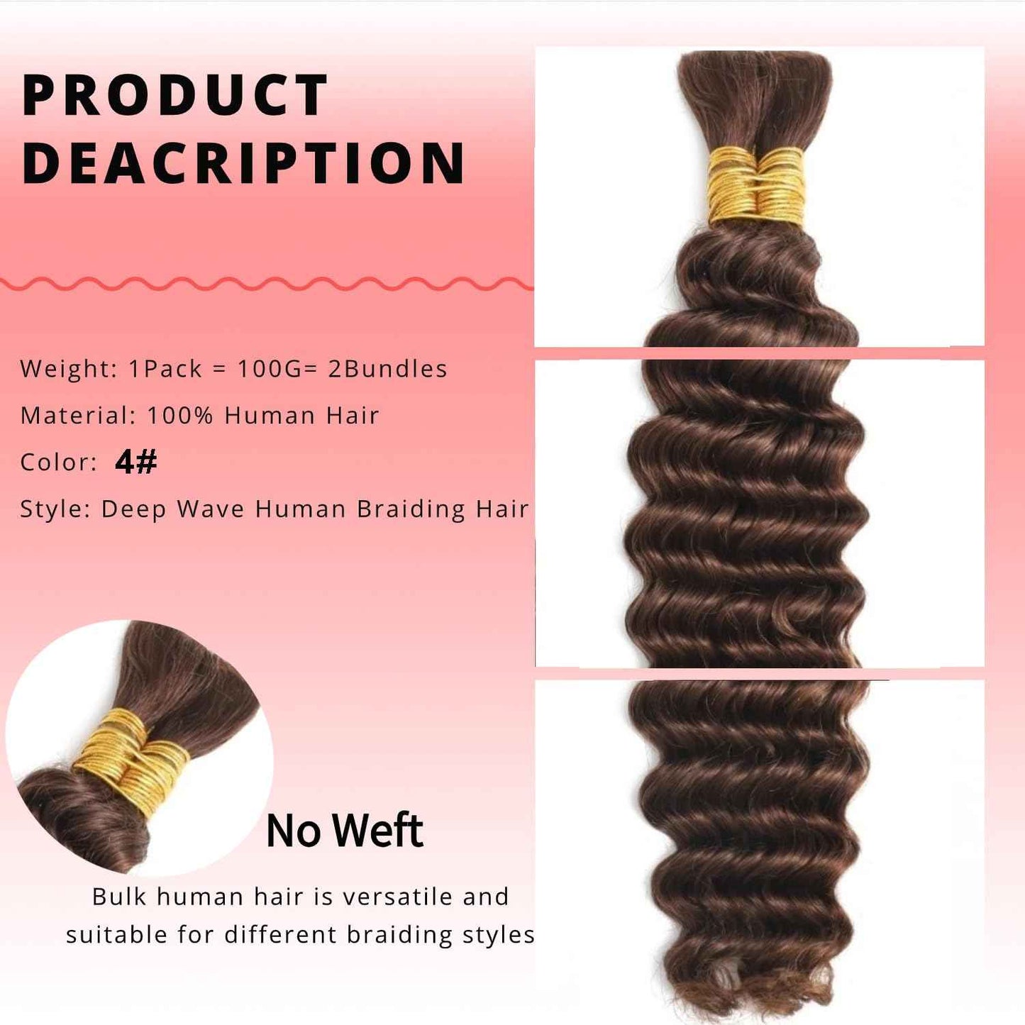 Chocolate Brown Human Braiding Hair For Boho Braids 4# 100g Deep Wave Bulk Human Hair for Braiding 12A No Weft Curly Human Hair Extensions Wet and Wavy Boho Hair for Braiding (4#-Deep Wave, 16 Inch)