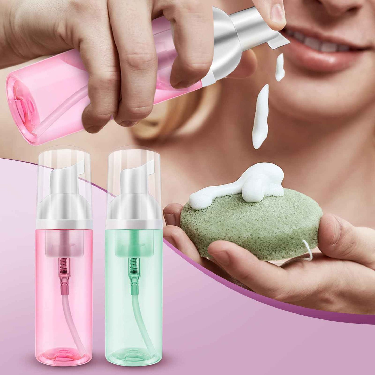 2 Pack Travel Foam Pump Bottle 60 ml/2 oz Small Size Foam Spray Bottle & Pump Bottle Dispenser for Face Wash, Lash Shampoo, Skin Care - Clear Plastic Mini Empty Refillable Containers (Pink and Green)