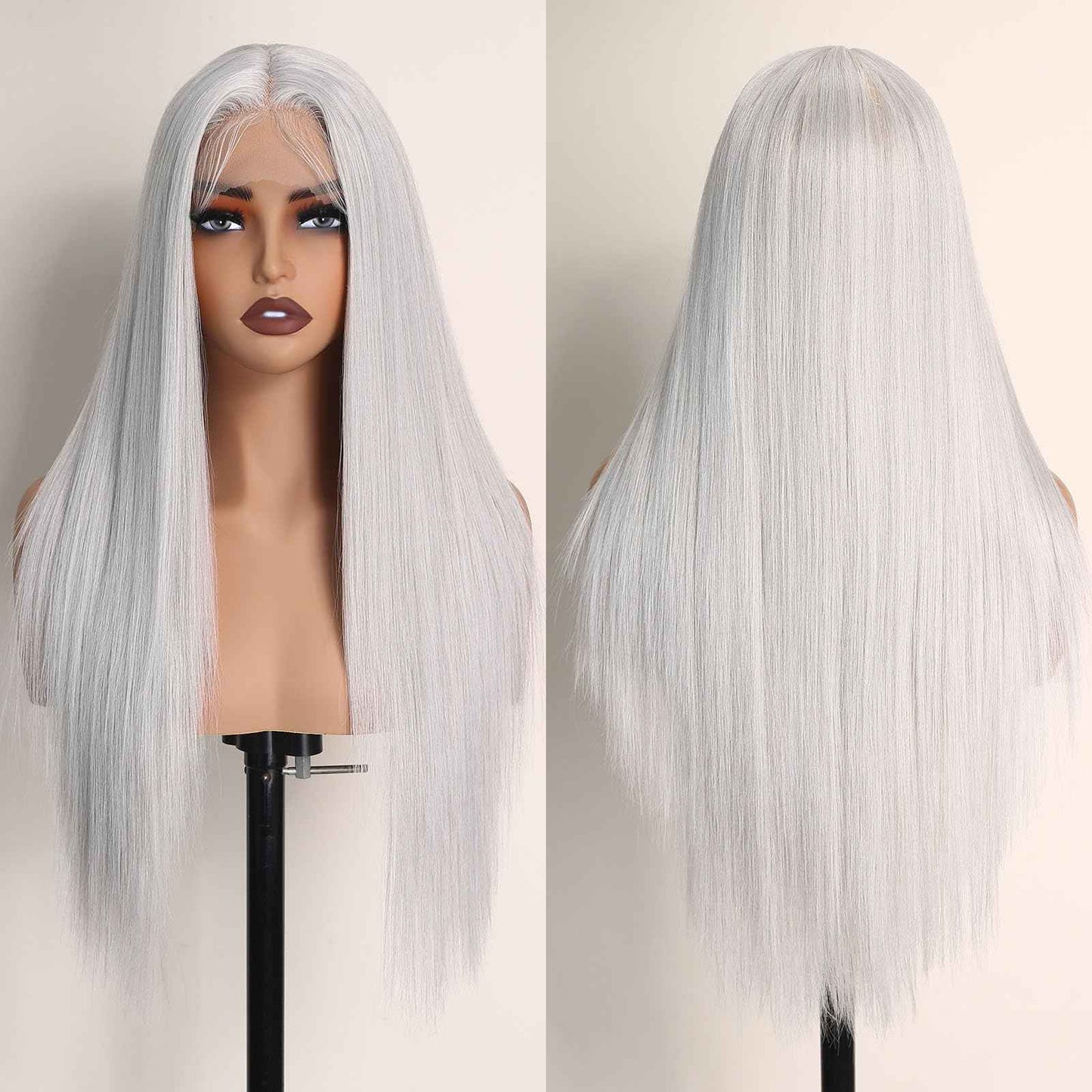 X-TRESS White Blonde Light Grey Glueless Lace Front Wig Pre Plucked Middle Part Straight Synthetic Lace Frontal Wigs 26 Inch Platinum Blonde Wigs