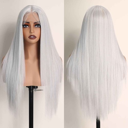 X-TRESS White Blonde Light Grey Glueless Lace Front Wig Pre Plucked Middle Part Straight Synthetic Lace Frontal Wigs 26 Inch Platinum Blonde Wigs