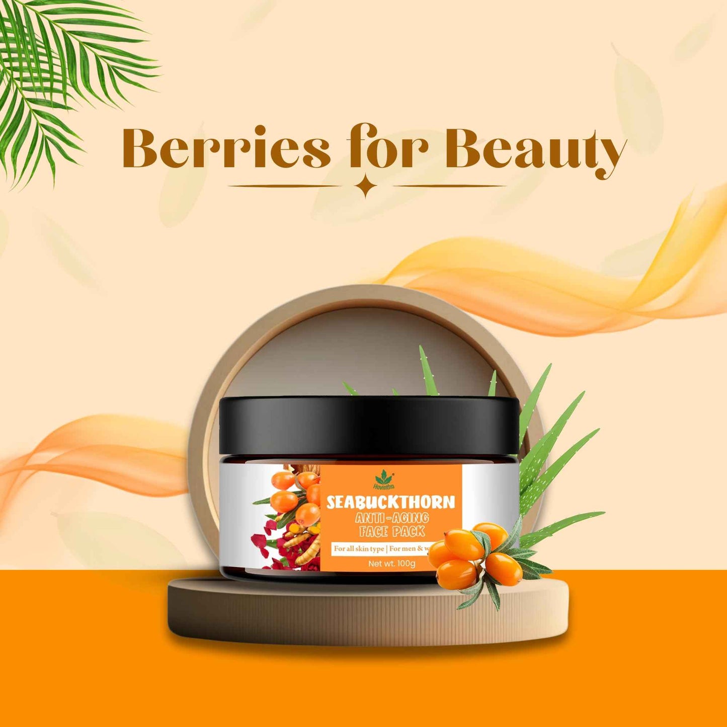Havintha Sea Buckthorn Anti-Aging Face Pack | Natural Herbal Face Mask | Brightening Face Pack for Wrinkles, Fine Lines & Dark Spots - 100g