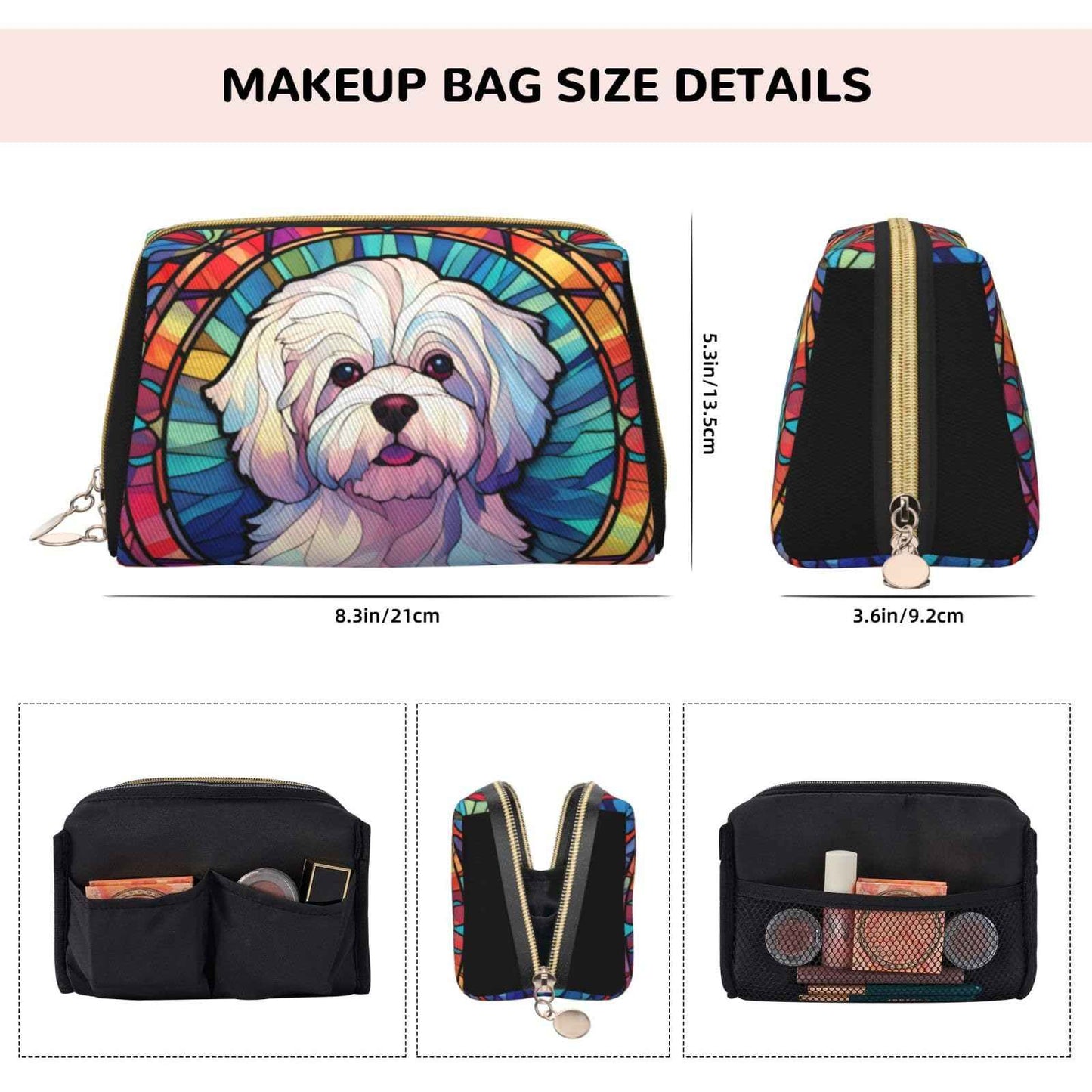 Novgift Maltese Stained Dog Breed Glass Art Leather Makeup Bag Travel Cosmetic Bag For Women Large Capacity Makeup Pouches