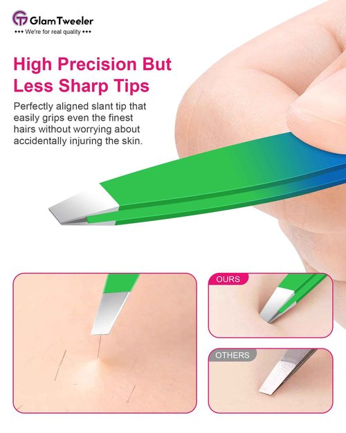 Exclusive G-01 Slant Tip Tweezers, GlamTweeler High Precison Expert Eyebrow and Facial Hair Removal Tweezer with Leather Storage & Carrying Case (Princess Blue & Green)
