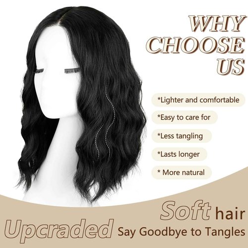 NOVFLKW Black Short Wavy Wig for Women Shoulder Length Middle Part with Pre Cut Lace Hairline Wavy Wig Natural Appearance Synthetic Heat Resistant Fiber for Everyday Hairstyle 16 Inch