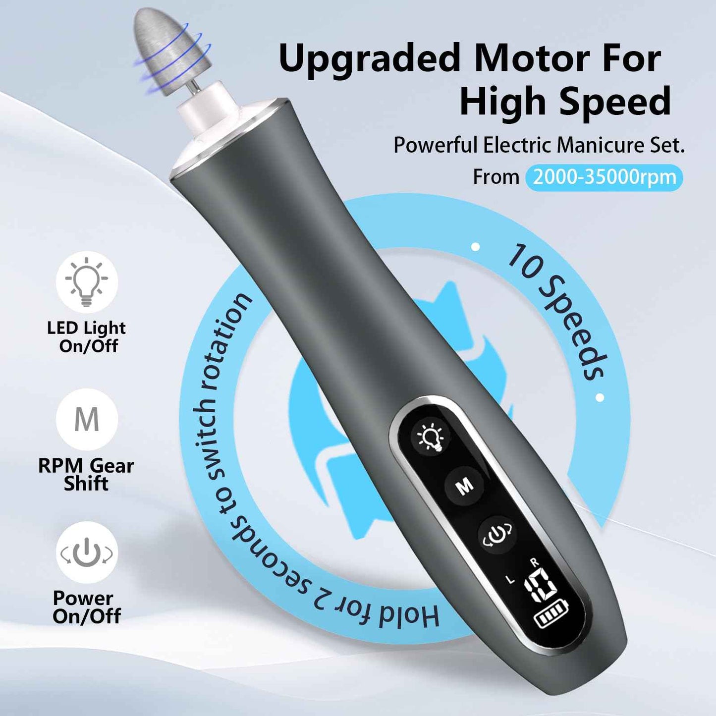 Electric Nail File Drill, Cordless 2000 mAh Rechargeable Nail Filer Electric, Portable Nail Dril 10 Speeds Professional Machine Drill for Nails Acrylic Manicure and Thick Toenails Grinder