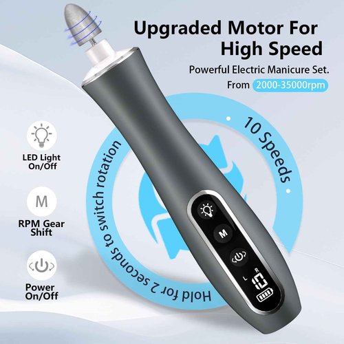 Electric Nail File Drill, Cordless 2000 mAh Rechargeable Nail Filer Electric, Portable Nail Dril 10 Speeds Professional Machine Drill for Nails Acrylic Manicure and Thick Toenails Grinder