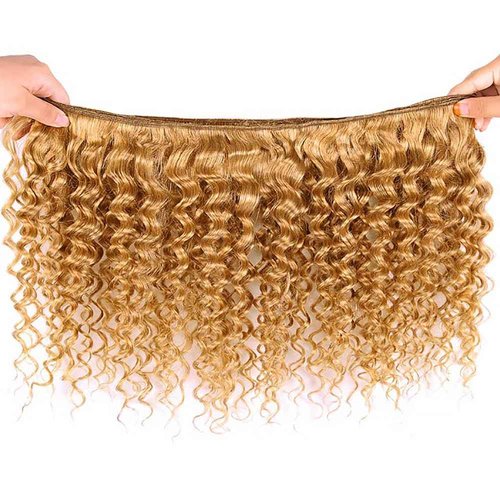 Honey Blonde Human Hair Bundles 16 18 20 Inch Deep Wave Bundles Human Hair Unprocessed Native Virgin Hair 100/PC 3 Extensions #27 Blonde Color Wet and Wavy Human Hair Extensions for Women