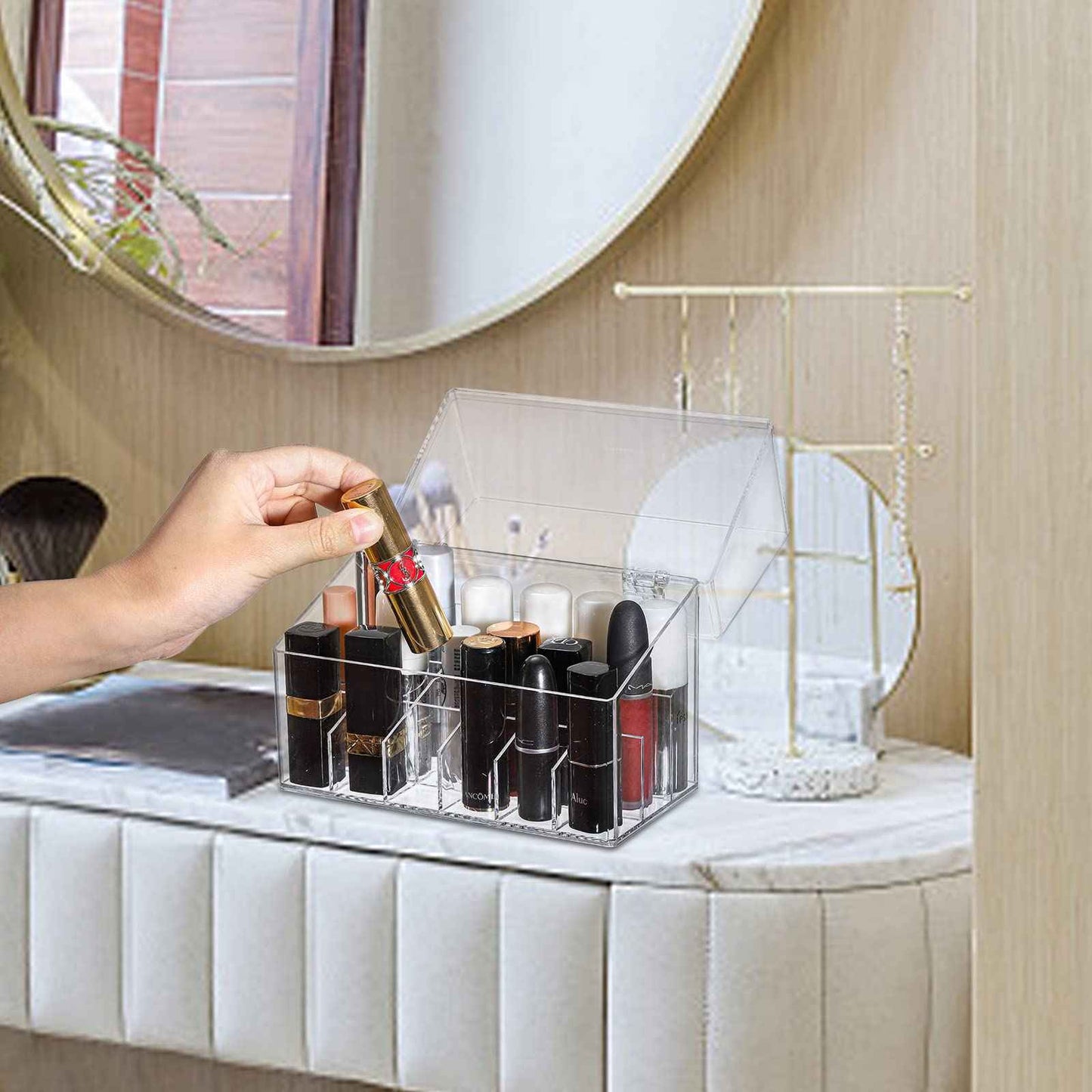 Foraineam 3 Pack Lipstick Holder Organizer with Lid, 18 Spaces Clear Acrylic Lipstick Display Stand Container, Dust-proof Beauty Makeup Storage Case for Cosmetic Dresser Vanity Cabinet Display