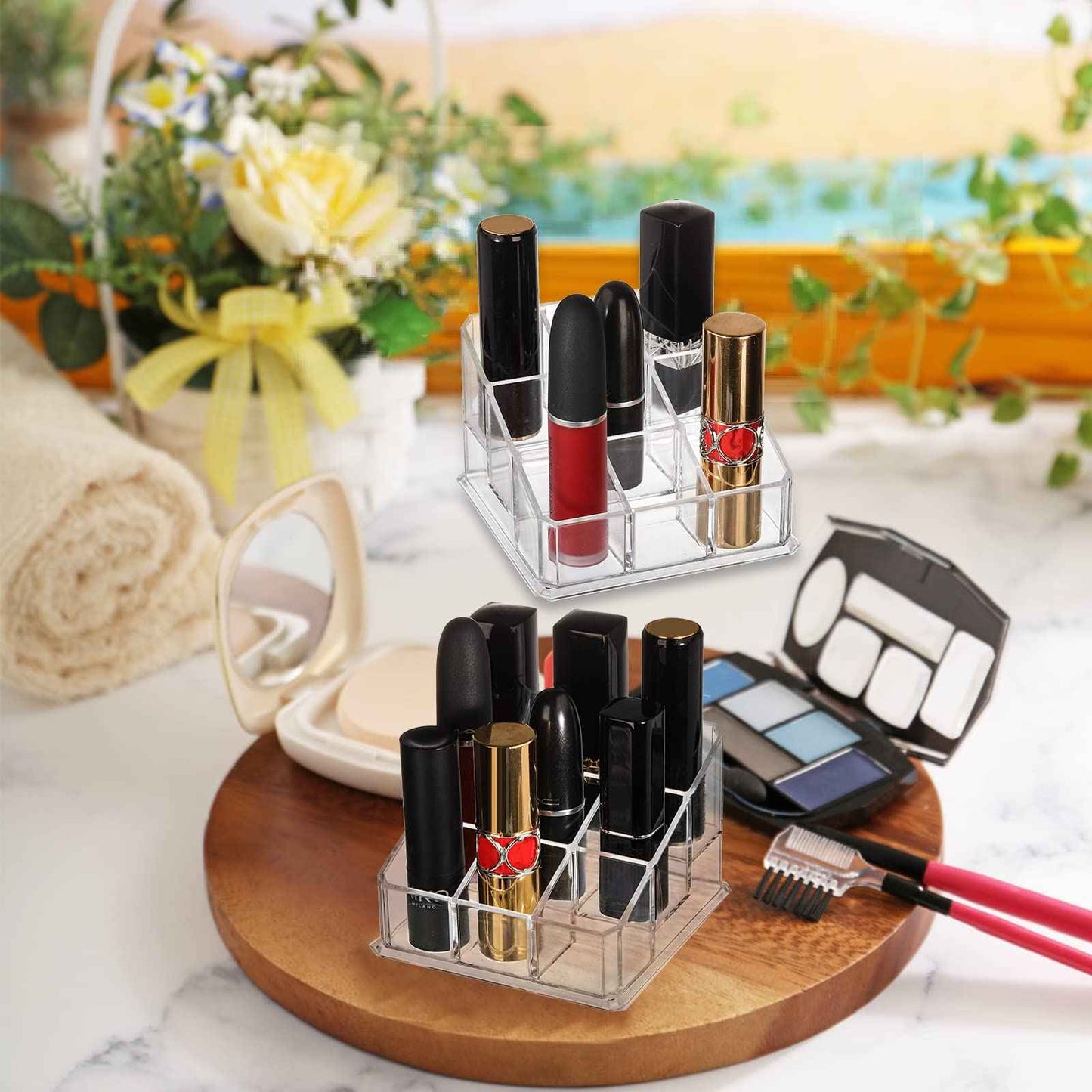 Foraineam 6 Pack Lipstick Holder Organizer, 9 Spaces Clear Lip Stick Storage Stand Container, Small Cosmetic Beauty Makeup Display Cases for Lipsticks, Lipgloss, Brushes, Bottles