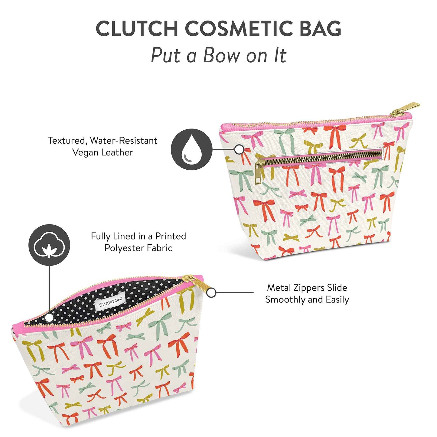 Studio Oh! Cosmetic Clutch - Makeup Organizer for Travel Size Toiletries - Metal Zippered Clutch Closes Securely - Water Resistant Vegan Leather - Put a Bow on It Clutch