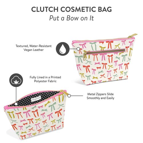 Studio Oh! Cosmetic Clutch - Makeup Organizer for Travel Size Toiletries - Metal Zippered Clutch Closes Securely - Water Resistant Vegan Leather - Put a Bow on It Clutch