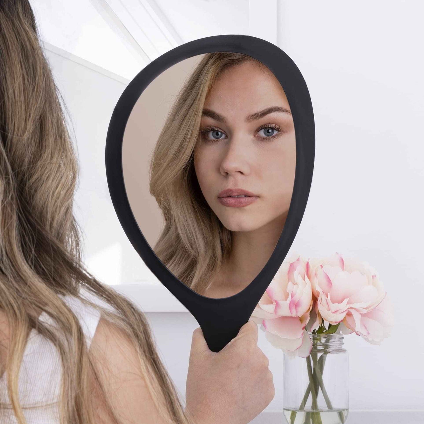 Zadro Large Hand Mirror with Handle Salon Mirrors for Hair Stylist, Big Handheld Mirror Makeup Mirror Wall Mounted Hang (Medium: 15" x 8", Black Onyx)