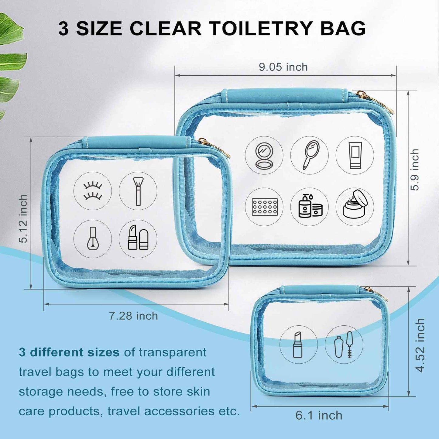 DARIN Clear Toiletry Bag 3Pack TPU Makeup Cosmetic Bag TSA Approved Toiletry Bag, Waterproof Travel Liquid Bag for Air Flight, Clear Travel Carry On Pouch for Women and Men (1L+1M+1S,Clear Blue)