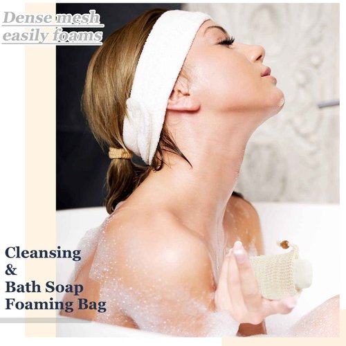 Cunhill 40 Pack Soap Saver Bag Exfoliating Sisal Soap Pouch with Drawstring Bar Wooden Bead Foaming and Drying Exfoliating Net for Bath and Shower (3.5x5.5 Inch)