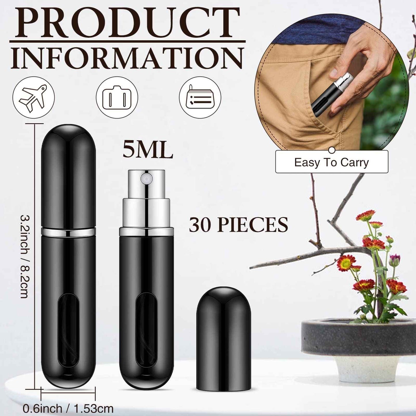 Bright Black Refillable Perfume Atomizer - 5 ml Mini Spray Bottle with 10 Dispenser Pumps - Travel Perfume Bottle Case