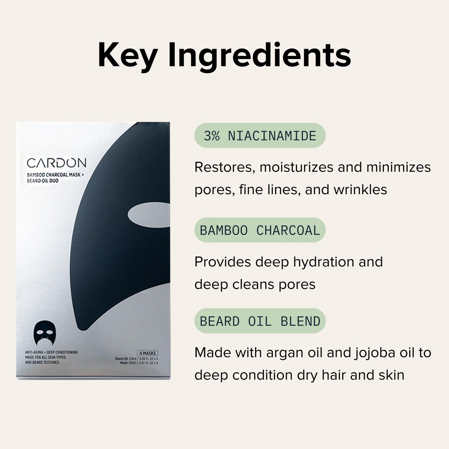 Cardon Charcoal Face Mask for Men with Beard Oil (4-Pack) | Ideal Stocking Stuffer for Men - Helps Detox, Hydrate, and Nourish with Anti-Aging Serum - Peel Off Mens Face Mask for Post Shave Soothing