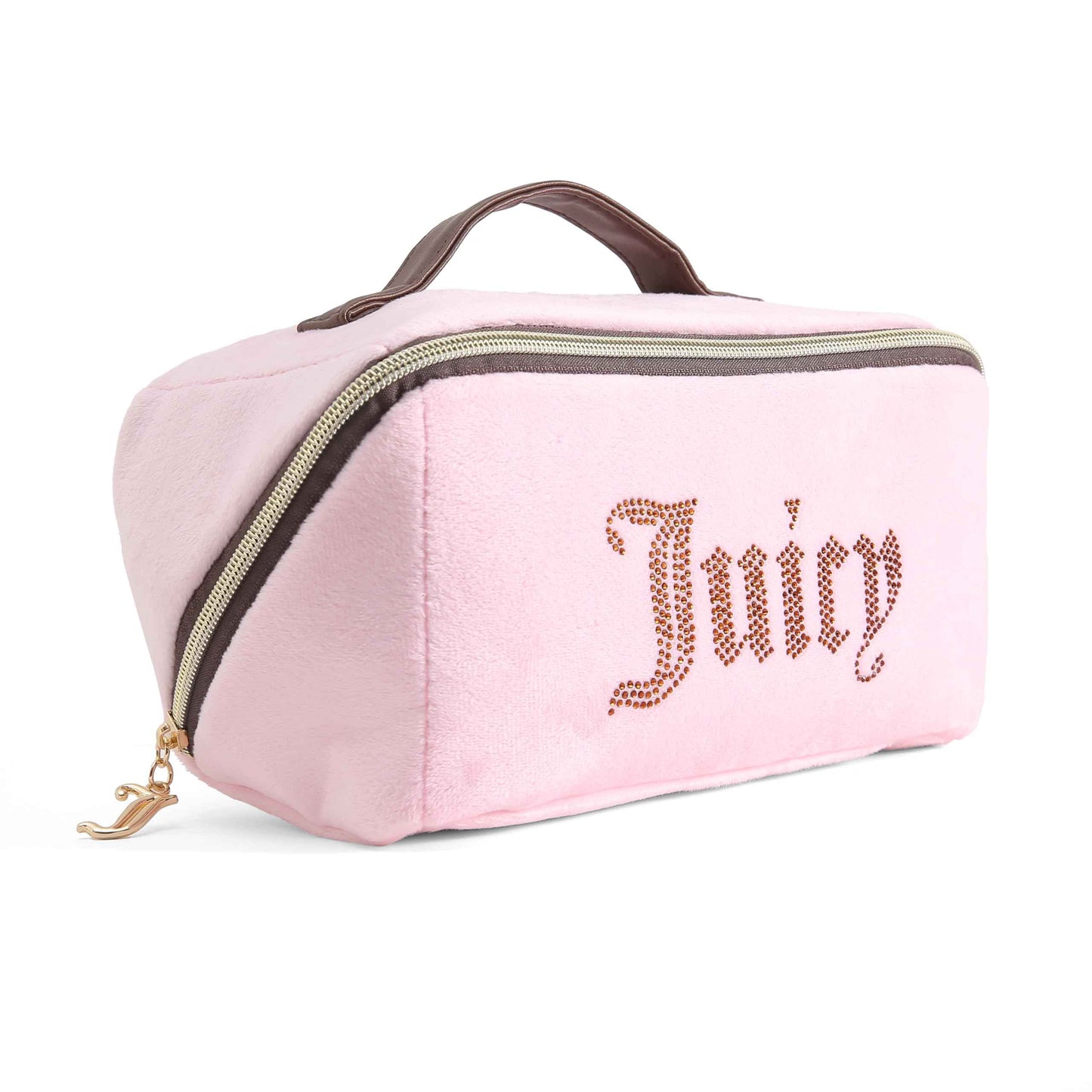 Juicy Couture Pink Brown Makeup Bag Cosmetics Organizer Travel Essentials Cross Zip Velour Rhinestone Brown Handle