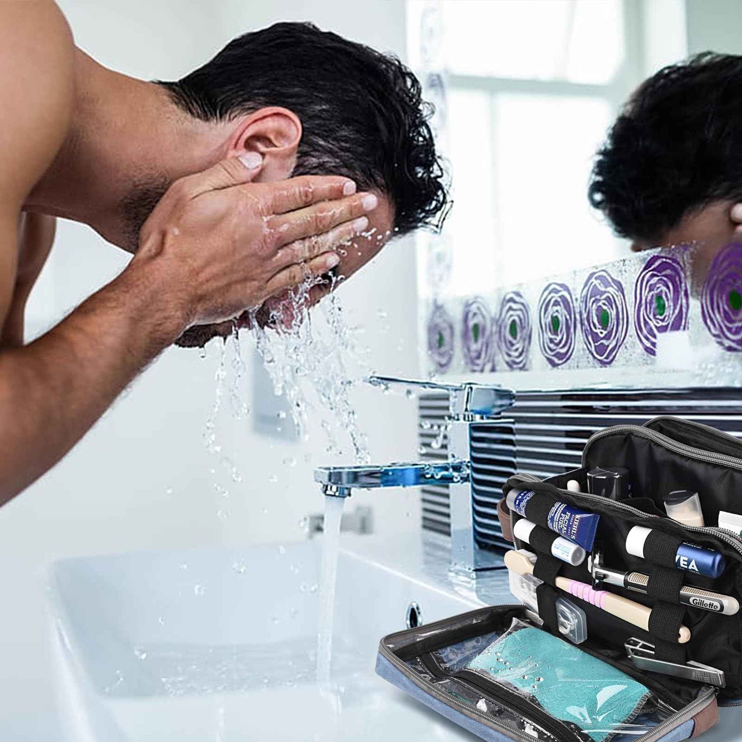 CaCTOUR Toiletry Bag for Men,Large Toiletry Travel Bag,Leather and Canvas Toiletries Bag Dopp Kit Men,Water-resistant Hygiene Bag Shaving Bag for Travel Toiletries Accessories (Blue)