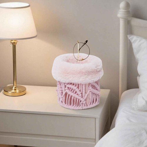 QIANWEIWOVEN Handmade Cotton rope makeup bucket organizer with removable plush lining,Cosmetic organizer (Pink)
