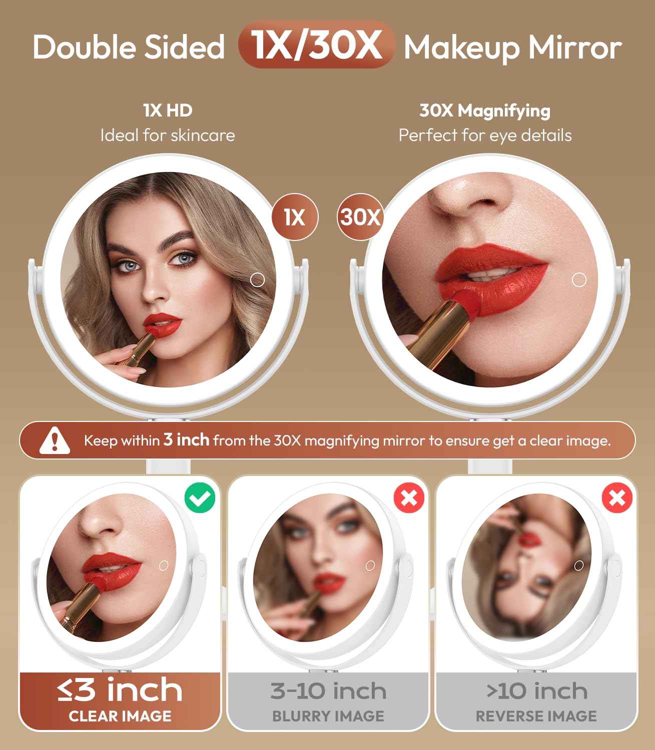 Glowtop Lighted Makeup Mirror with Lights and Magnification 30X/1X, Height Adjustable 30X Magnifying Vanity Mirror with 4000mAh Battery & 3 Colors Dimming Light for Desktop Bathroom Bedroom (White)