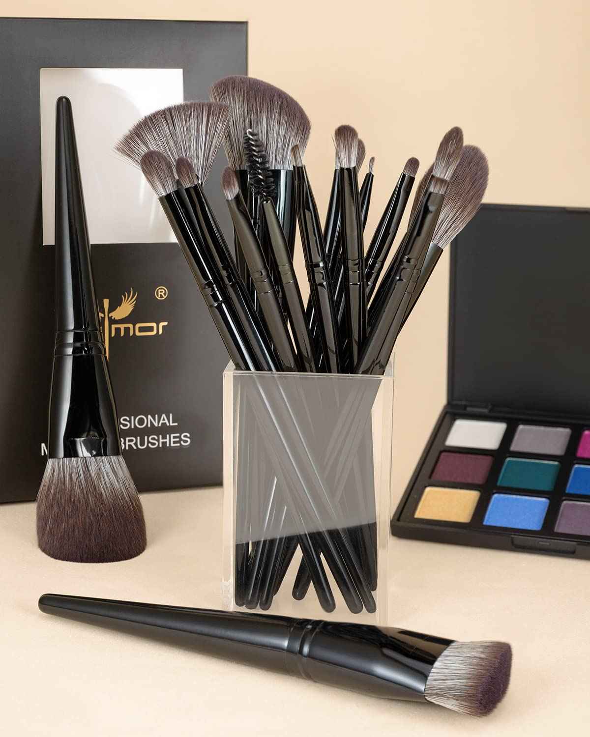 Anmor Luxurious Black Makeup Brush Set, Premium Makeup Brushes for Foundation Kabuki Powder Blush Eyeshadow Blending Crease Makeup, Superior Soft Luxurious Makeup Brush Set with Micro Crystal Fiber