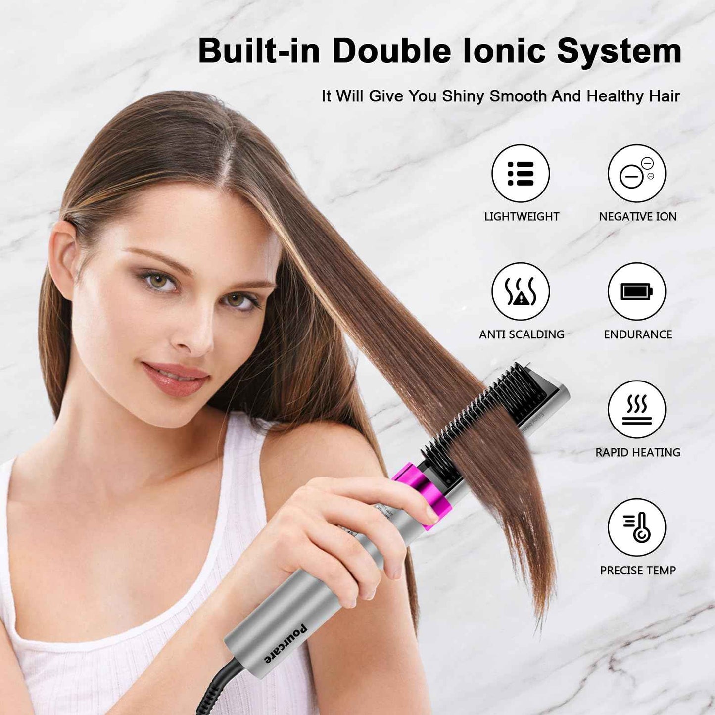 Pourcare 2-in-1 Straightening Heated Comb Three Adjustable Temperature Settings Includes Gloves and Hair Clips Create Silky Smooth Hair just for You